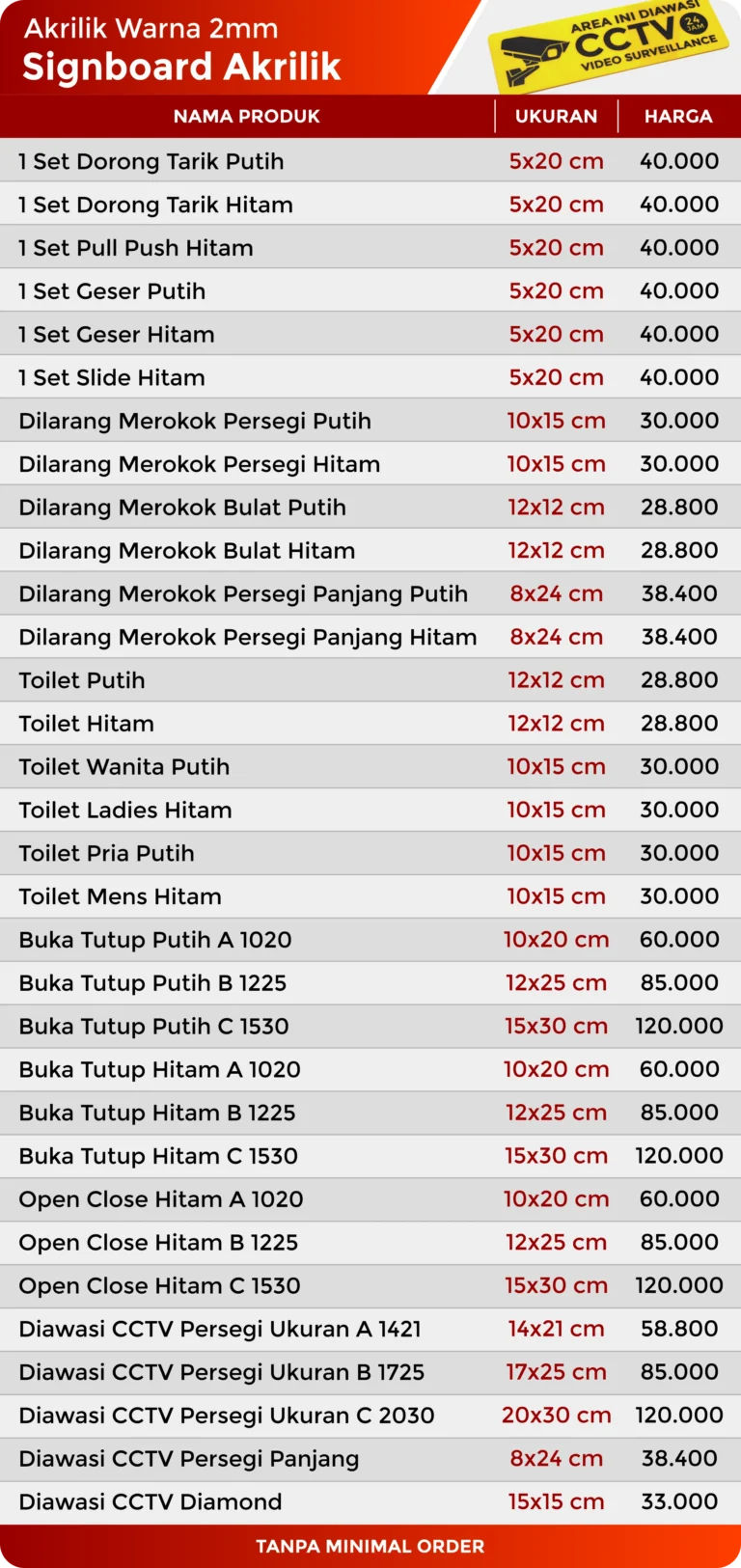 daftar harga signboard akrilik ready stock