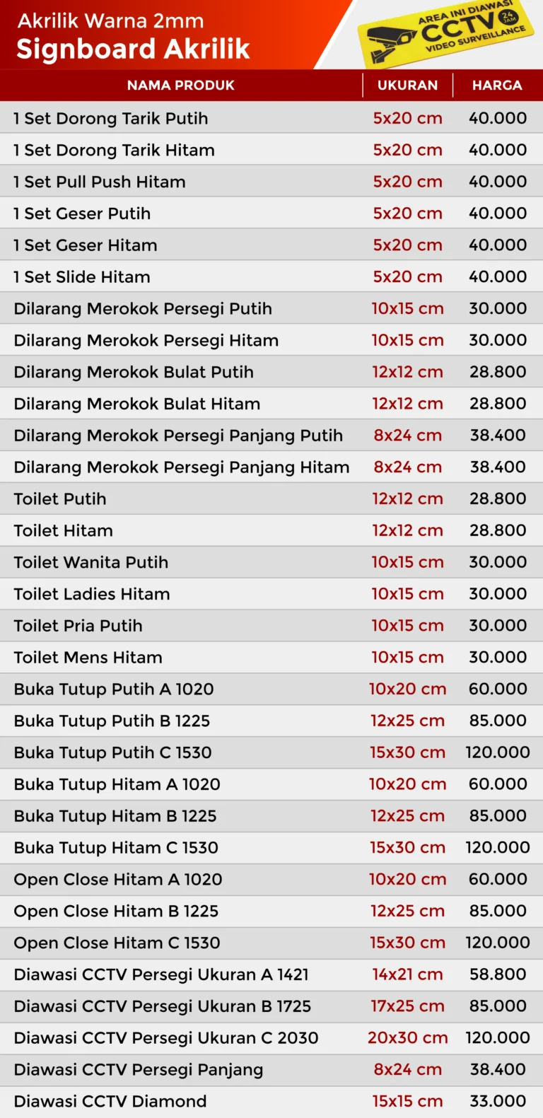 pricelist 2025 signboard akrilik ready stock